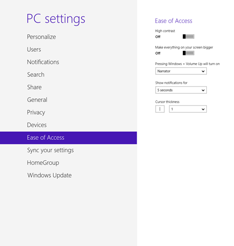 Windows 8 PC Settings, Ease of Access